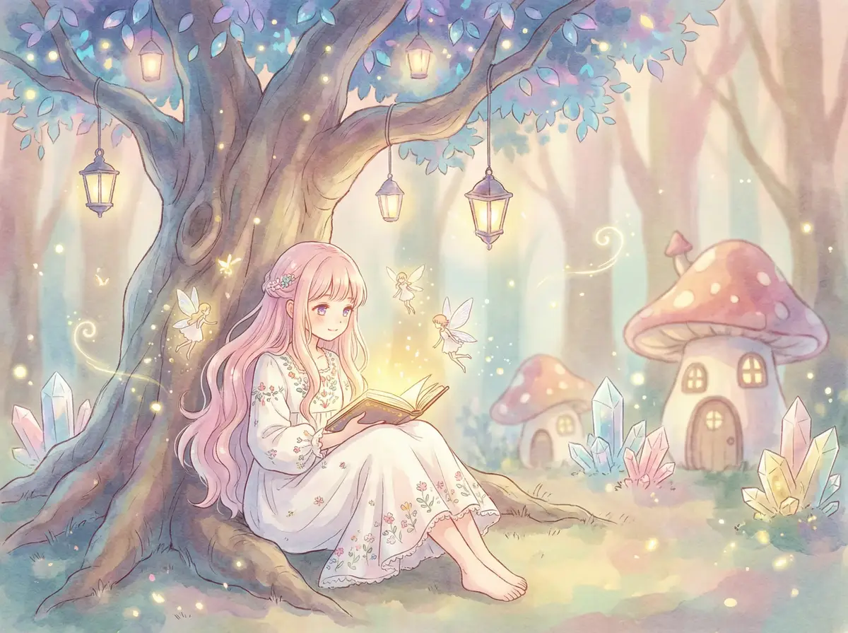 百年的新娘 - 魔法森林中阅读故事书的粉发少女与精灵